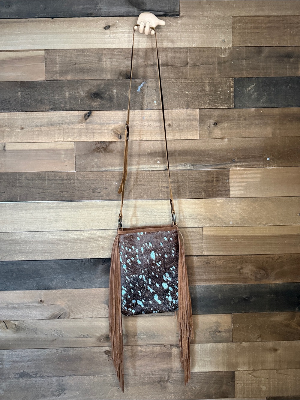 Fringed Brown Crossbody with Turquoise Speckle 100% leather hide